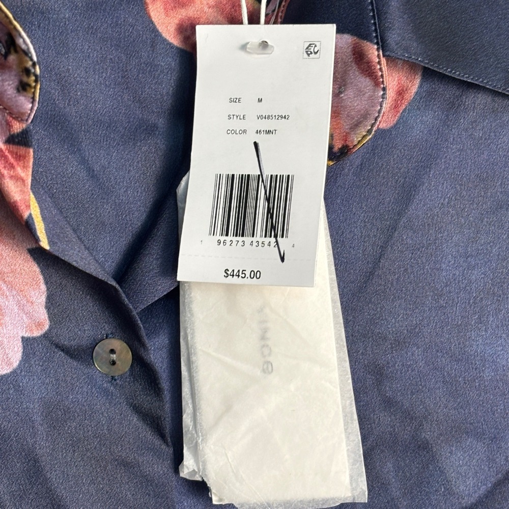 Vince 100% Silk Floral Blouse NWT Medium Navy Button Front Quiet Luxury Luxe - Picture 7 of 11